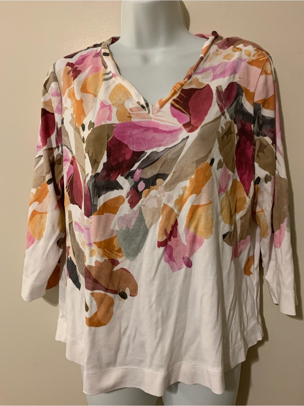 Chico's Floral V-Neck Long Sleeve Top in White, Pink, Orange, Brown